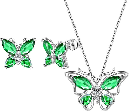 Aurora Tears Butterfly Jewelry,Women 925 Sterling Silver Butterflies Birthstone Pendant Necklace/Earrings/Rings Wedding Gift