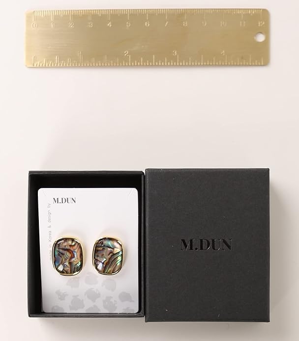 M.DUN- Round Edges Rectangle Shape Studs Earring. Abalone Amber Turquoise Resin Stone Design, 18k Real Gold Plated Bezel, Hypoallergenic Gorgeous Gift for Women