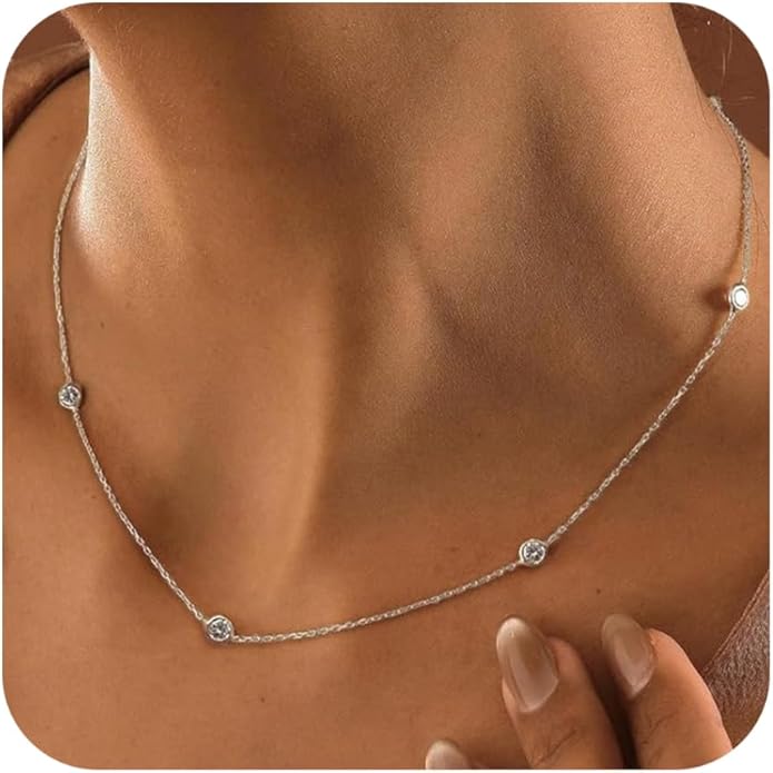 Dainty Necklaces for Women Cute Station Choker Necklace Cubic Zirconia Simulated Diamond Necklace Simple Layering CZ Necklace Trendy Jewelry Gifts