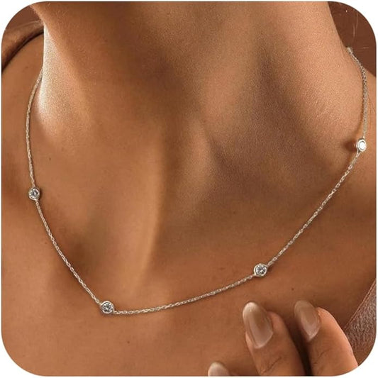 Dainty Necklaces for Women Cute Station Choker Necklace Cubic Zirconia Simulated Diamond Necklace Simple Layering CZ Necklace Trendy Jewelry Gifts