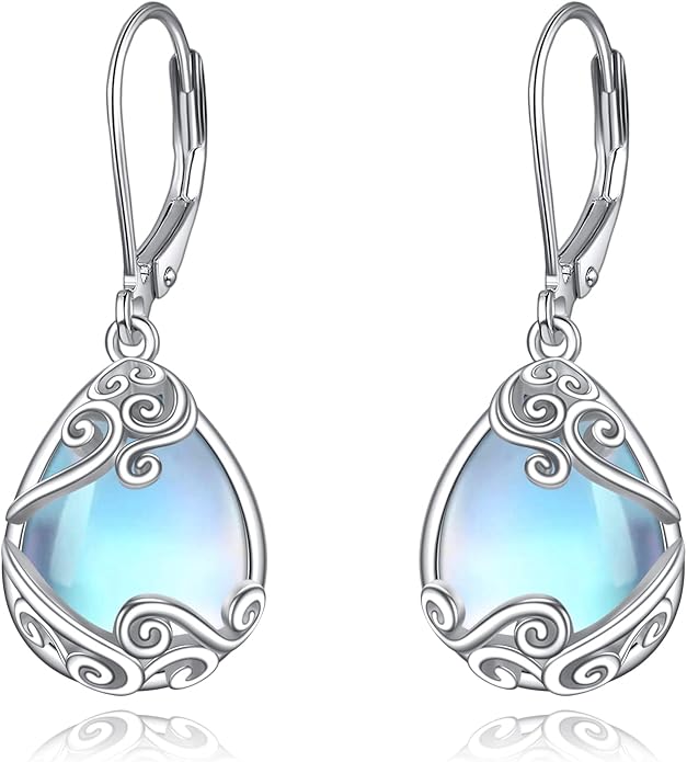 Moonstone Filigree Drop Dangle Teardrop Earrings 925 Sterling Silver Moonstone Leverback Earrings for Women Jewelry Gifts