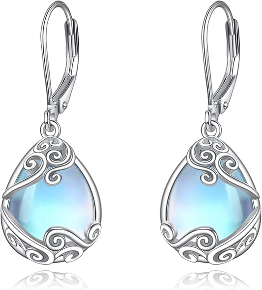 Moonstone Filigree Drop Dangle Teardrop Earrings 925 Sterling Silver Moonstone Leverback Earrings for Women Jewelry Gifts