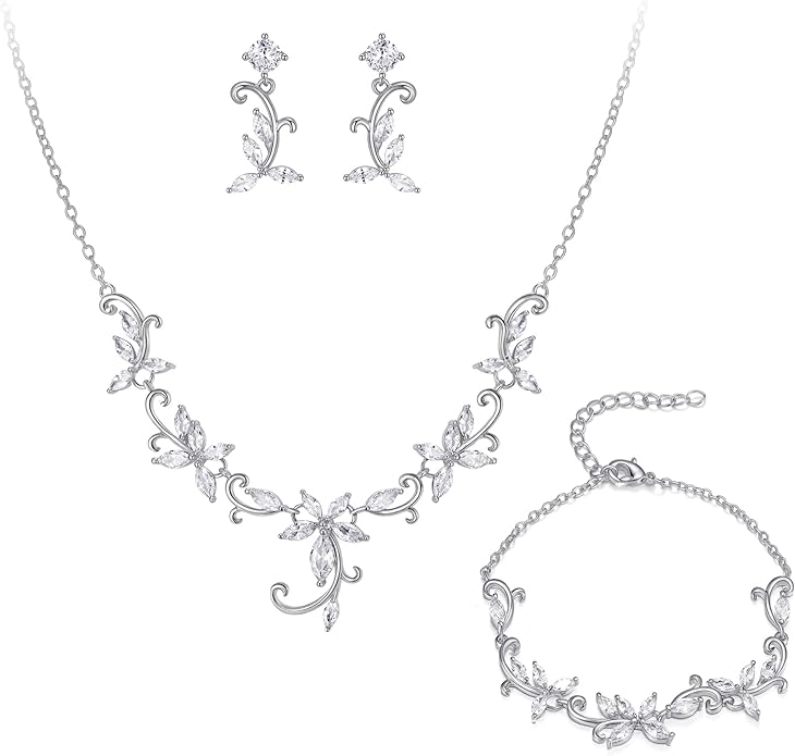 Crysdue Flower Leaf Wedding Jewelry Set for Bridal Bridemaid, Cubic Zirconia Teardrop Elegant Silver/14K/Rose Gold Plated Vine Necklace Dangle Earrings for Prom Party