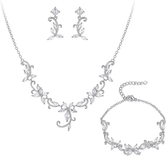 Crysdue Flower Leaf Wedding Jewelry Set for Bridal Bridemaid, Cubic Zirconia Teardrop Elegant Silver/14K/Rose Gold Plated Vine Necklace Dangle Earrings for Prom Party