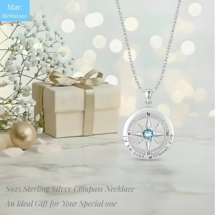 Compass Necklace for Women Wife Girlfriend Mom Daughter Gifts S925 Silver Jewelry For Anniversary Rose Gold Gifts For Birthday Christmas Mothers Valentines Day 12 Birthstones