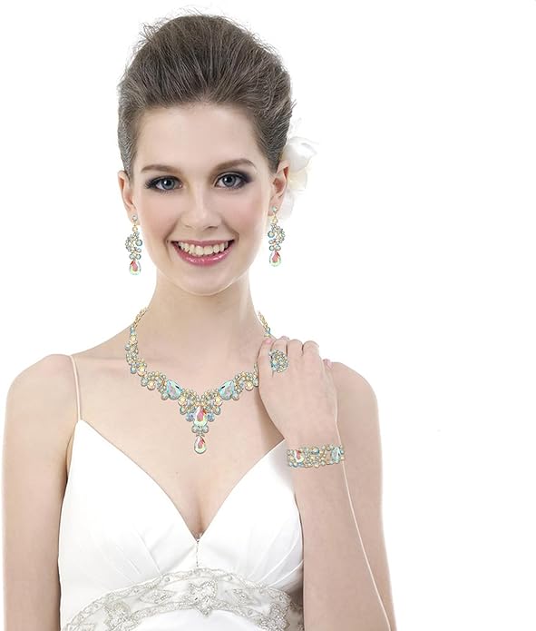 Paxuan Crystal Bridal Wedding Jewelry Sets for Women Rhinestone Teardrop Crystal Statement Choker Necklace Drop Earrings Link Bracelets Rings Teardrop Jewelry Set for Brides Bridesmaids