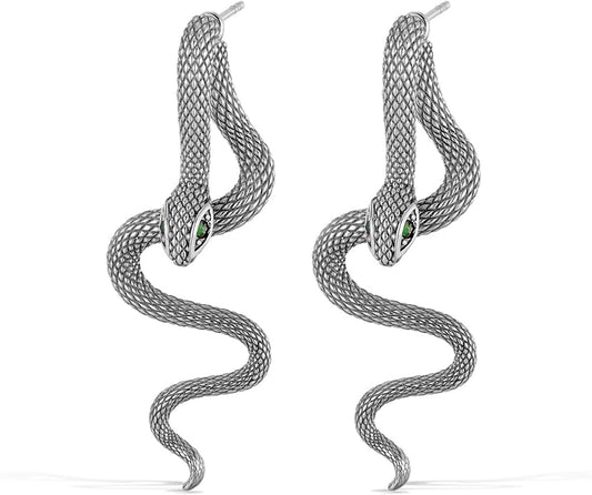 snake shaped personalized earrings with stainless steel pattern inlaid with emerald gemstones, showcasing unique charm for daily parties