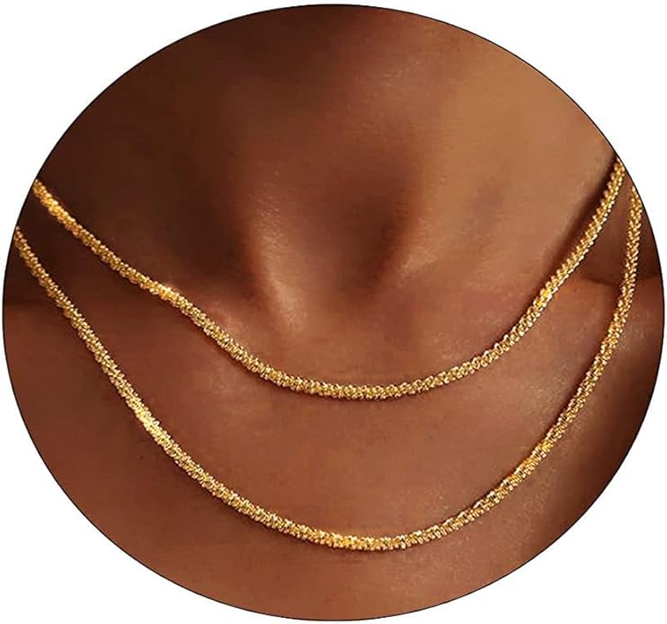 14K Gold Necklace for Women, Womens Dainty Chain Necklace Plated Shining Dots Satellite Choker Box Chain, Women Layering Necklaces