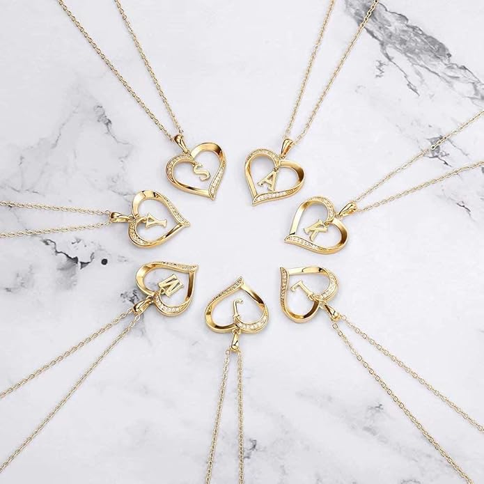 Heart Initial Necklace for Women, 14K Gold Plated Cubic Zirconia Heart Pendant Necklace, Dainty Initial Charm Necklace Letter A to Z Initial Jewelry for Women Girls