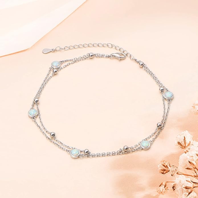 FLYOW Anklet for Women S925 Sterling Silver Adjustable Foot Beaded Heart Charm Ankle Bracelet Anklets Jewelry
