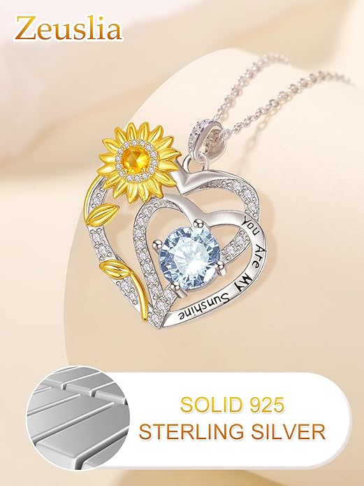 Zeuslia Double Birthstone Necklace Gifts for Wife - 925 Sterling Silver Sunflower/Rose/Crown Cross/Compass/Heart Pendant I Love You Necklace, Anniversary Birthday Gifts for Wife Girlfriend Mom Her