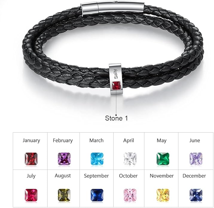 kaululu Custom Leather Bracelet for Men with 1/2/3/4/5/6/7/8 Birthstones Engraved Stainless Steel Beads Personalized Names Bracelet for Father's Day Christmas Thanksgiving Gift for Men