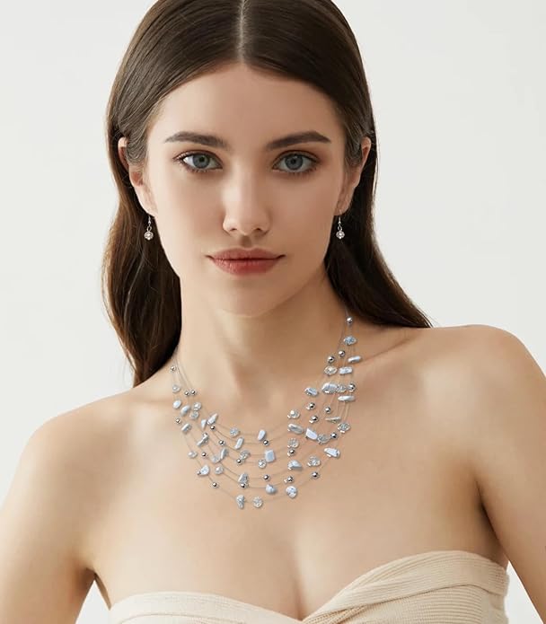 Multi-Layer Boho Shell Beaded Necklace for Women Colorful Crystal Strand with Silver Beads Statement Collars Necklace and Earrings Costumes Jewelry Sets for Women