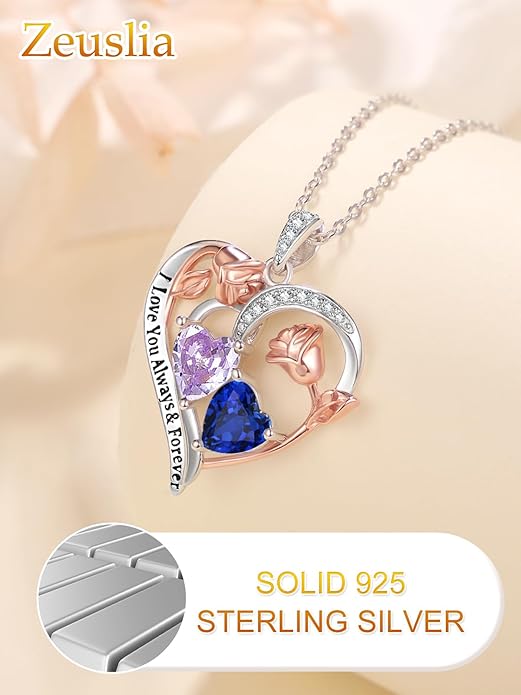 Zeuslia Double Birthstone Necklace Gifts for Wife - 925 Sterling Silver Sunflower/Rose/Crown Cross/Compass/Heart Pendant I Love You Necklace, Anniversary Birthday Gifts for Wife Girlfriend Mom Her