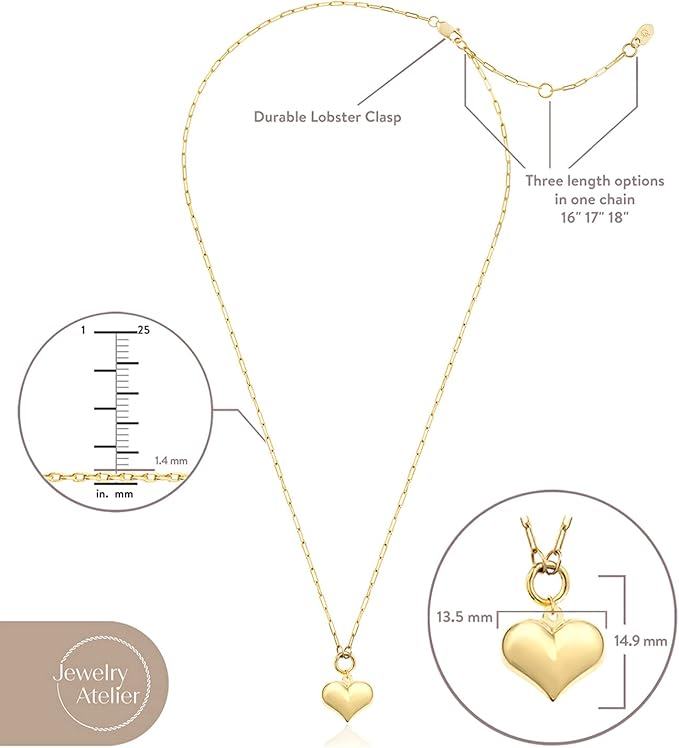 Jewelry Atelier Gold Filled Pendant Necklace Collection - 14K Yellow Gold Filled Pendant Necklace with Solid Clip Chain for Women (Different Sizes and Styles with Extension/Adjustable Chain)