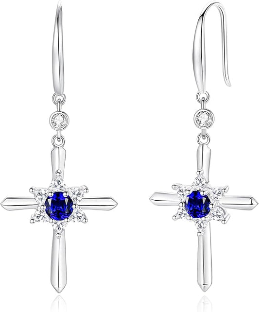 FANCIME Cross Dangle Drop Earrings 925 Sterling Silver Dainty Round Birthstone Earring Fine Jewelry Birthday Gifts for Her Women