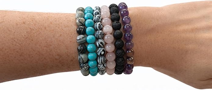 NurtureNest Co. Beaded Bracelet Set for Women & Men – 6-Pack Mixed Stone Stretch Bracelets, Stackable Fashion Jewelry, Neutral & Colorful Styles