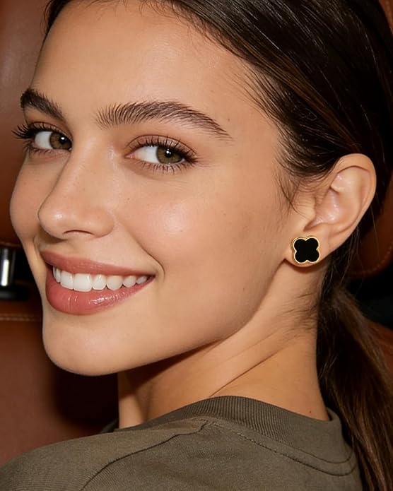 Aimétte Monette 18K Gold Plated Jewelry Set Clover Necklace Stud Earrings for Women Hypoallergenic Lucky Clover Pendant Necklace Gold Bracelets for Women Gifts