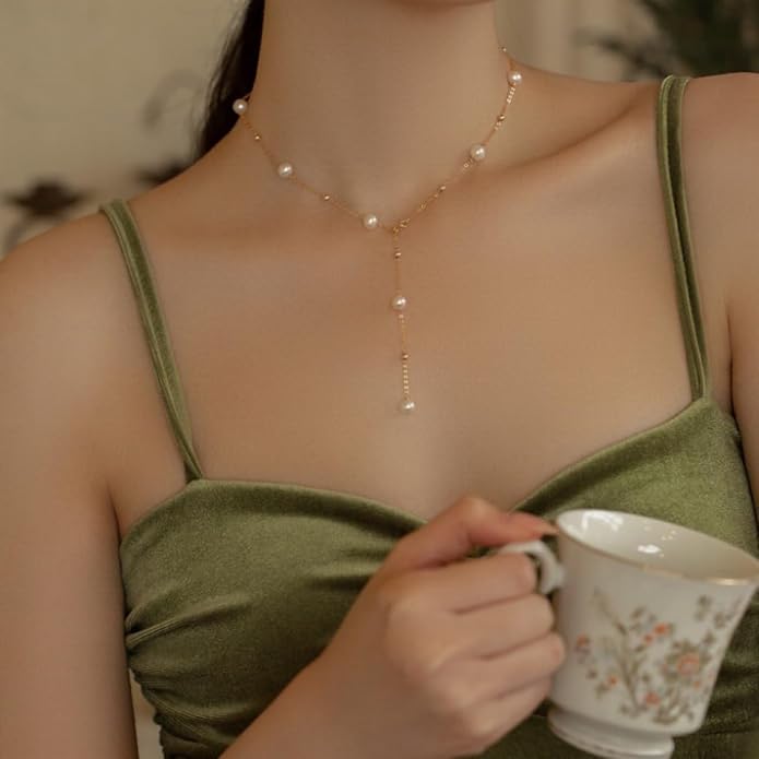 Boho Pearl Y Shape Necklaces for Women, Dainty 14k Gold Plated Pearl Beaded Chain Choker Necklace Trendy Jewelry Accessories Gift