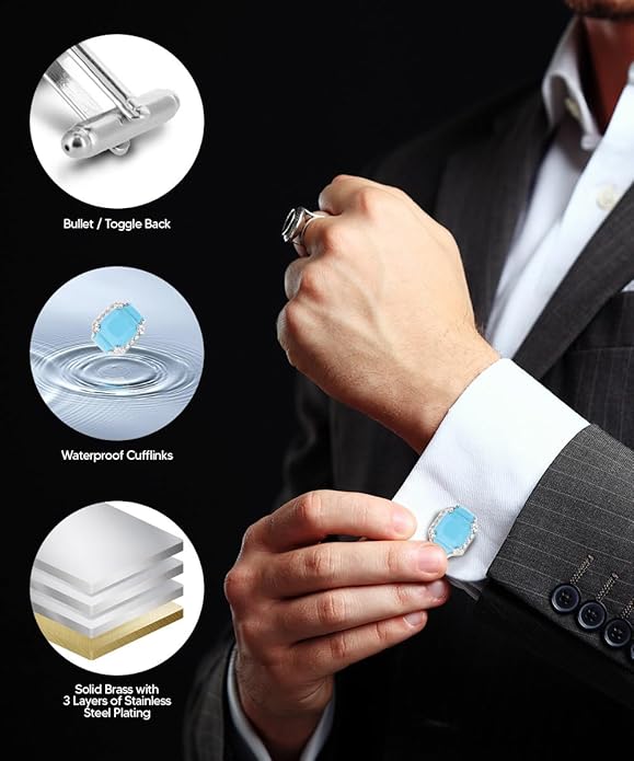 Rectangular Colored Diamond-Flanked Crystal Cuff Links – Tuxedo Suit Accessories, Cufflinks for Men