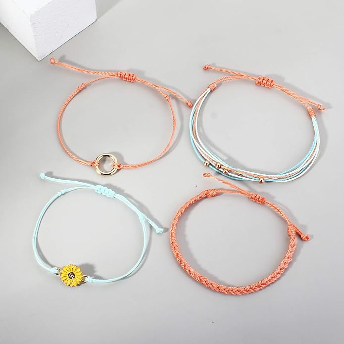 FANCY SHINY Sunflower String Bracelet Boho Braided Rope Wrap Bracelets Cute Summer Beach Surfer Jewelry for Women