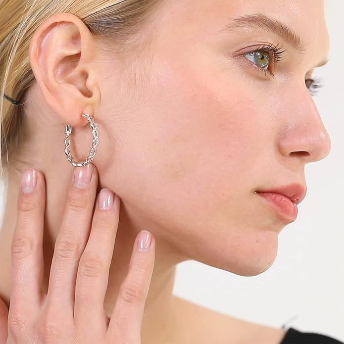 Senteria 925 Sterling Silver Earrings Hoops for Women Lightweight Twisted Hoop Earrings With Cubic Zirconia Hypoallergenic Hoops Earrings (20/30/40/50/60MM)