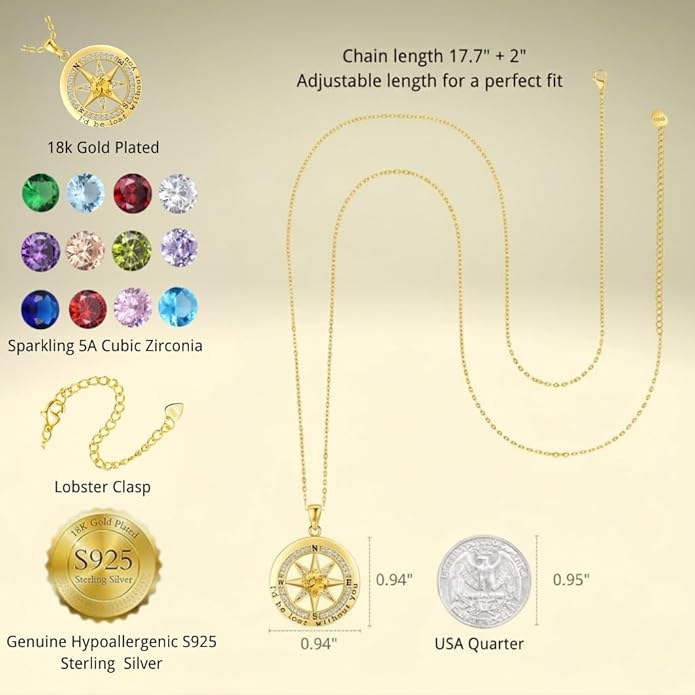 Compass Necklace for Women Wife Girlfriend Mom Daughter Gifts S925 Silver Jewelry For Anniversary Rose Gold Gifts For Birthday Christmas Mothers Valentines Day 12 Birthstones