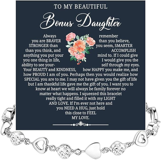 To My Bonus Daughter Heart Bracelet Gift, Beautiful Bonus Daughter Jewelry From Step Mom Dad With Message Card and Box Meaning, Christmas Graduation Birthday Gifts, To My Stepdaughter Bracelet