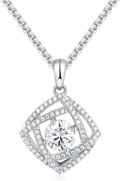 D Color 0.53ct/1.24ct/1.72ct/1.2ct Moissanite Necklace for Women Men, 925 Sterling Silver Chunky Circle/Triangle/Square Pendant, Birthday Christmas Valentines Jewelry, 16-20 Inch Box Chain Adjustable