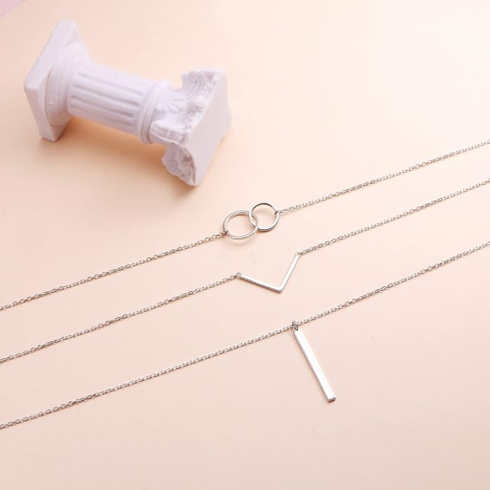 S925 Sterling Silver Layered Necklaces Multi 3 Layer Circle Bar Boho Long Triple Choker Pendant Necklace Jewerly Gift for Women