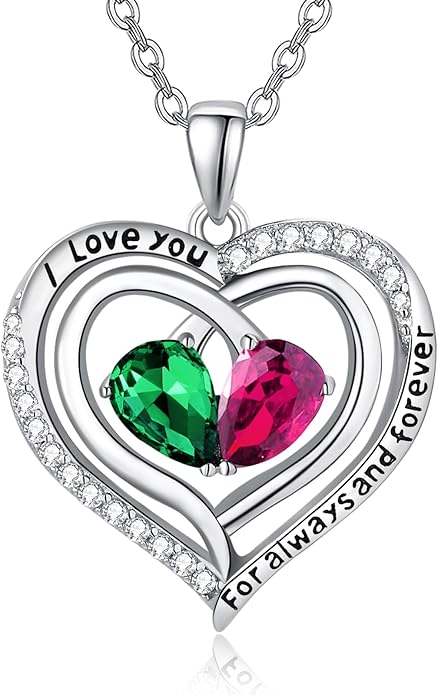 Zeuslia Double Birthstone Necklace Gifts for Wife - 925 Sterling Silver Sunflower/Rose/Crown Cross/Compass/Heart Pendant I Love You Necklace, Anniversary Birthday Gifts for Wife Girlfriend Mom Her