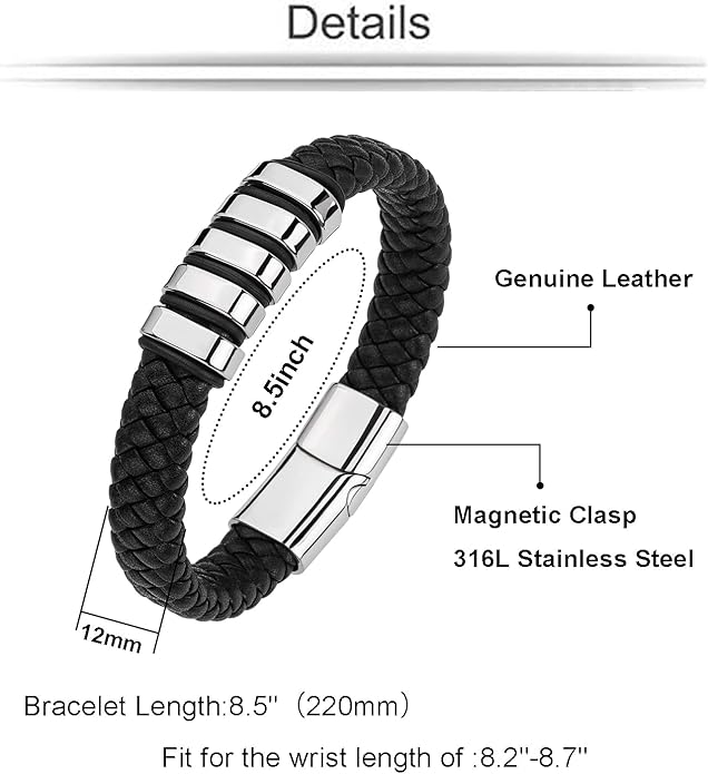 Leather Bracelet for Men Braided Cuff Wristband Stainless Steel Clasp in Silver and Gold Jewellery Gift