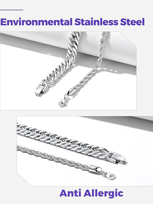 Richsteel 2PCS/3PCS Bracelets Chain for Men Women Stainless Steel Silver/Gold/Black Cuban/Rope Link Chain Bracelets Set, 7.4/8.2/9 Inch Hand Chain Length for Men Women Jewelry