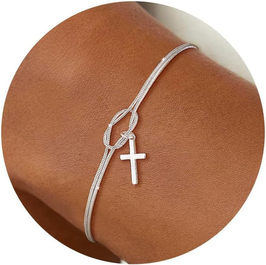 Moodear Christmas Gifts Sotcking Stuffers, Dainty 925 Sterling Silver/14k Gold Plated CZ Cross Bracelet Layered Snake Pearl Chain Knot Bracelets for Women Trendy Religious Christian Jewelry