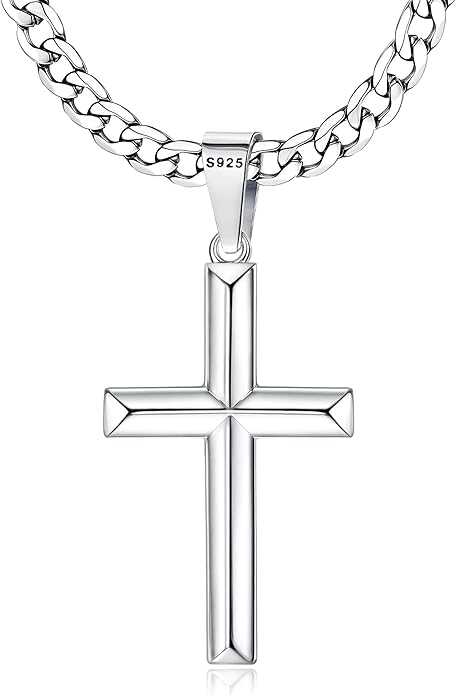 MILACOLATO 925 Sterling Silver Cross Necklace Men - Beveled Edge Cross Pendant with 5mm 316L Stainless Steel Cuban Link Curb Chain Crucifix Necklaces Silver Jewelry for Men Women, 18-30'' Christian Baptism Gift