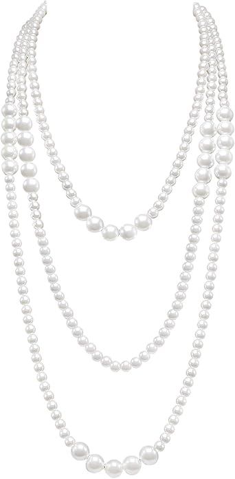 Long Pearl Necklaces for Women Cream White Faux Pearl Strand Layered Necklace Costume Jewelry