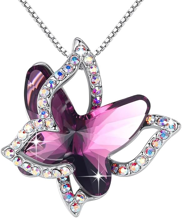Gift Butterfly Birthstone Crystal Necklace, Silver Tone with 18”+2” Chain, Necklace for Mother’s Day Anniversary Birthday Gifts for Women and Daughter