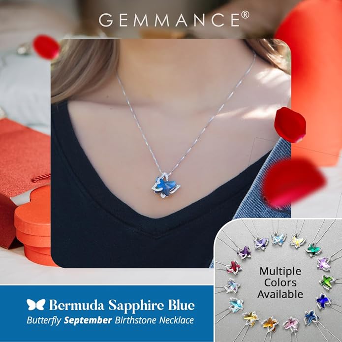 GEMMANCE Valentine's Day Gift Butterfly Birthstone Crystal Necklace, Silver Tone with 18”+2” Chain, Necklace for Mother’s Day Anniversary Birthday Gifts for Women and Daughter