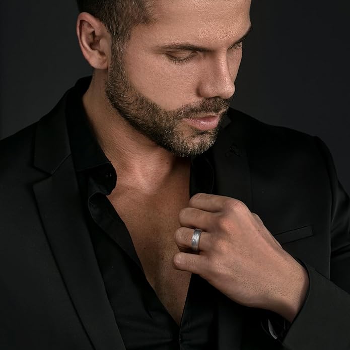 King Will Mens Tungsten Wedding Band with Cubic Zircon Inlay 7mm/8mm Flat Cut Comfort Fit Engagement Rings