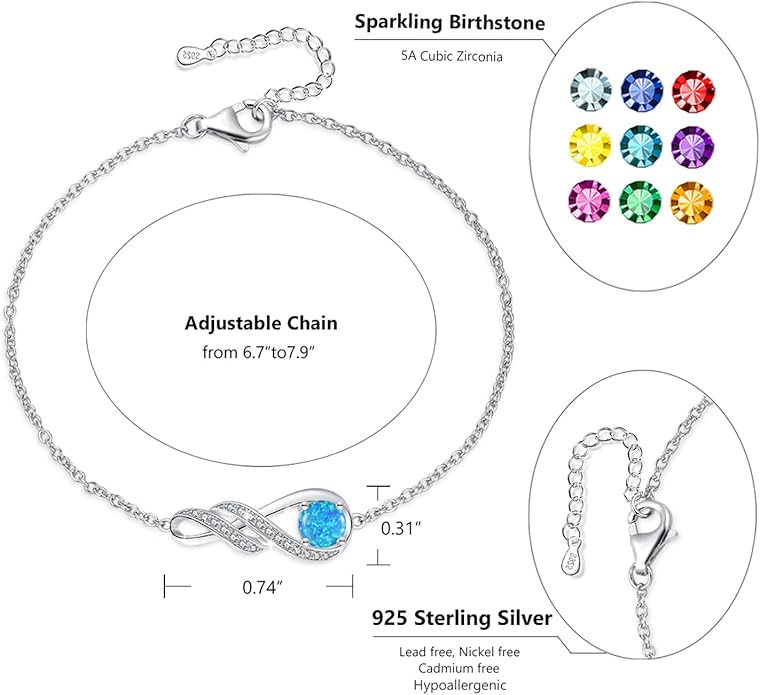 Birthstone Bracelets for Women 925 Sterling Silver Created Gemstone Bracelet Infinity Pendant Jewelry for Her, 6.7"+1.2"