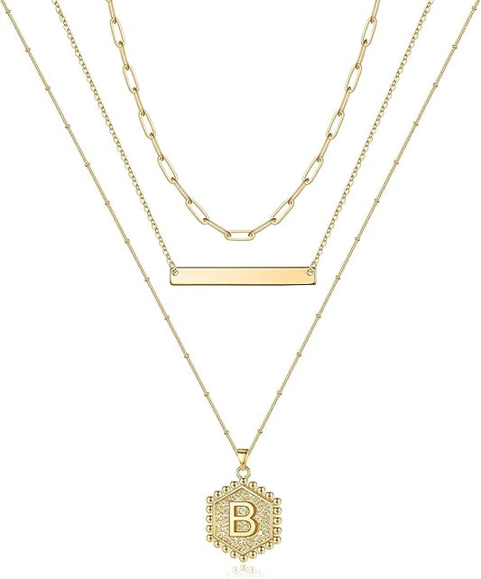 Turandoss Gold Layered Initial Necklaces for Women, 14K Gold Plated Bar Necklace Handmade Layering Hexagon Letter Pendant Beads Chain Necklace Layered Necklaces for Women Gold Jewelry Gifts