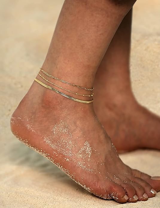 DEARMAY 14K Gold Plated Ankle Bracelets for Women Waterproof - Dainty 6Pcs Anklets Layered Cuban Link Chain Herringbone Cute Anklets Set Pack Summer Beach Jewelry Gift for Women Teen