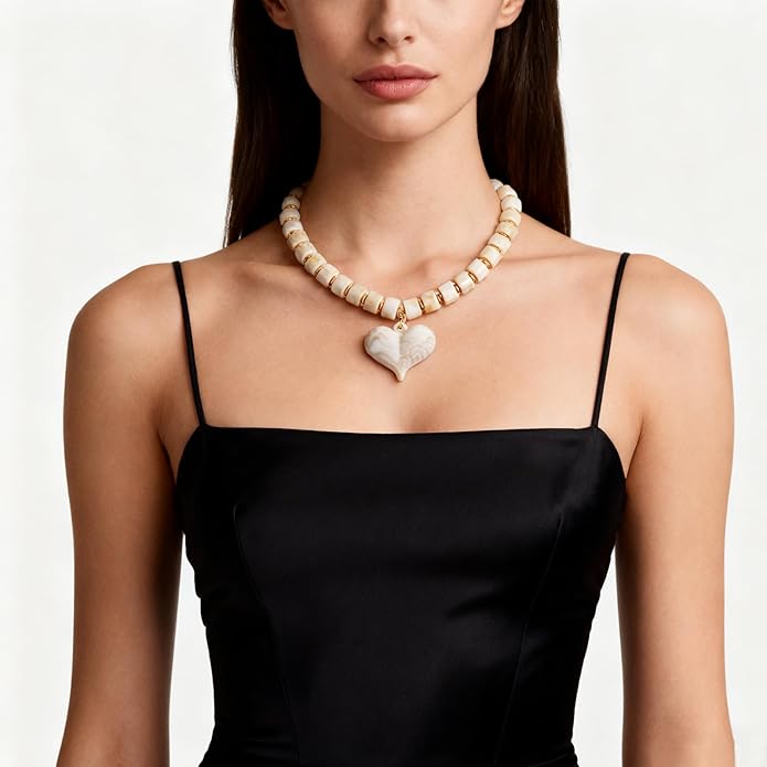 YUJIE Chunky Heart Penadnt Necklace for Women- Exaggerated Statement Puff Heart Necklace with Acrylic Beaded Chain