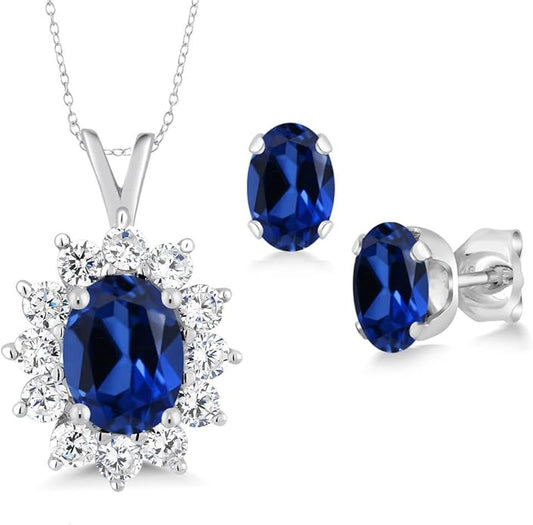 Gem Stone King 8X6MM and 6X4MM Oval Gemstone Birthstone Pendant and Earrings Jewelry Set For Women | 925 Sterling Silver | Fine Jewelry Gifts for Her Mom Women Wife | With 18 Inch Chain