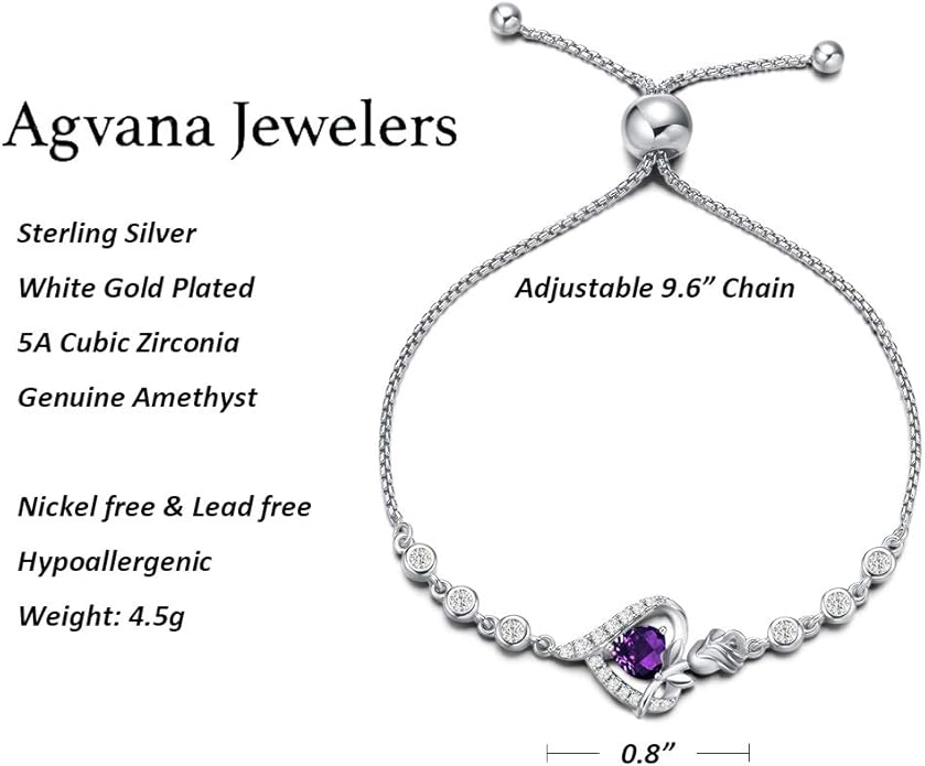 AGVANA Rosy Reverie Birthstone Bracelet for Women Sterling Silver Genuine or Created Gemstone Tennis Bracelet Rose Heart Jewelry Anniversary Birthday Gifts for Women Mom Wife Her