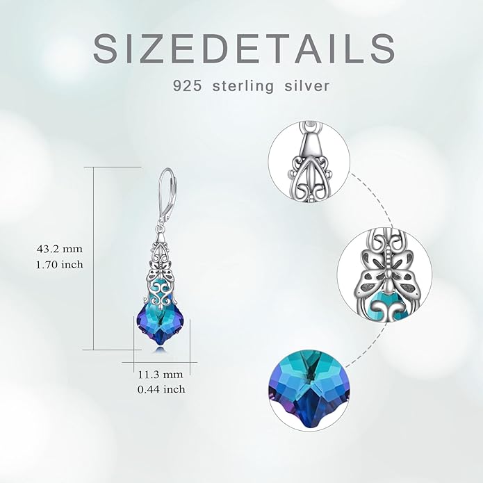 Austrian Crystal Dangle Drop Leverback Earrings for Women 925 Sterling Silver Vintage Oxidized Butterfly Filigree Hypoallergenic Jewelry