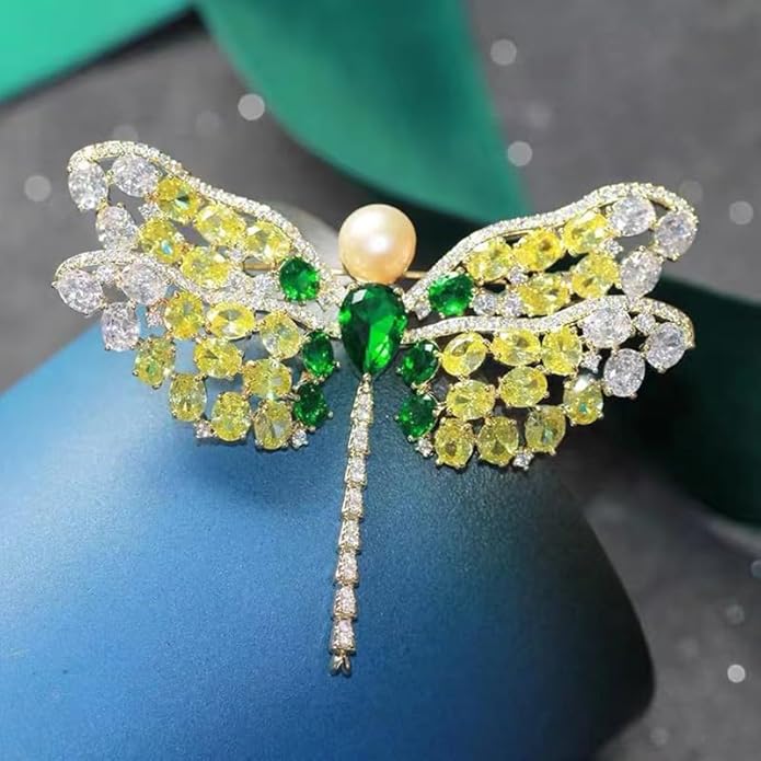 14K Gold Exquisite Dragonfly Brooch Adorned with Colorful Gemstones and Lustrous Pearls, Chic Brooch Accent for Special Events, Ideal for Stylish Women
