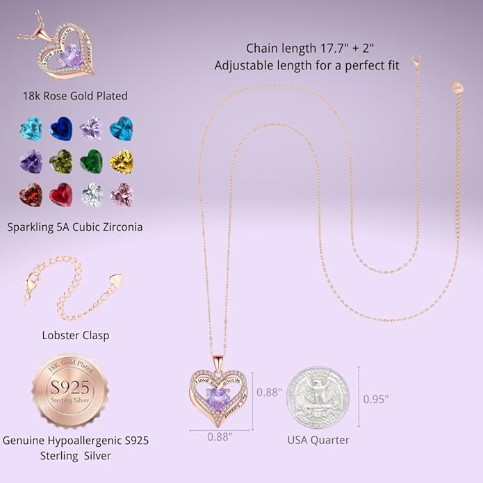 Birthstone Heart Necklace for Women Wife Girlfriend Mom Daughter Gifts S925 Silver Jewelry For Anniversary Rose Gold Gifts For Birthday Christmas Mothers Valentines Day