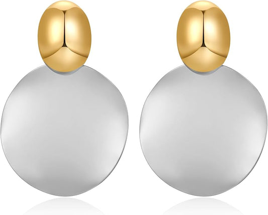 FAMARINE Big Disc Drop Earrings Gold Dangle Earrings Round Hammered Earrings Women