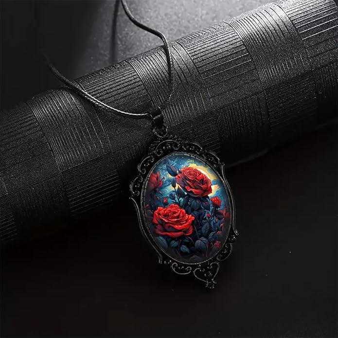 Gothic Rose Glass Necklace for Women Vintage Satan Demon Pendant Halloween Roses Necklaces Dark Punk Style Necklace Victoria Emboss Necklaces Mystic Witch Jewelry Gift Accessories
